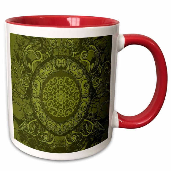 3drose, Renaissance Inspired Oval Design in Green, 11oz Two-tone Red Mug
