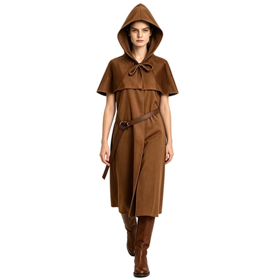 Renaissance Medieval Cosplay Robe, Hooded Medieval Ranger Robe Tunic With Shoulder Capelet, Belted Long Wizard Surcoat for Halloween Renaissance Larp Cosplay,Soft Woven Fantasy Costume Robe, Brown S