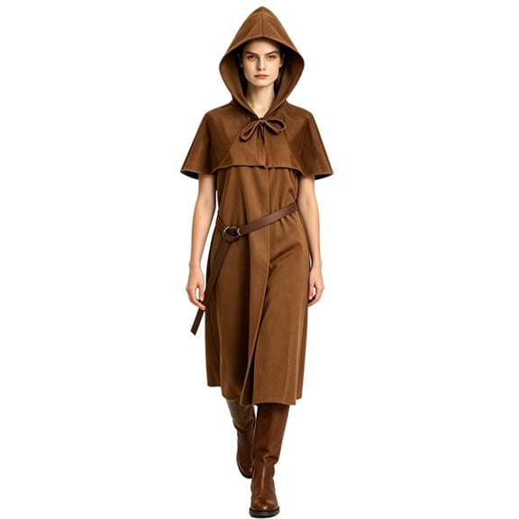 Renaissance Medieval Cosplay Robe, Hooded Medieval Ranger Robe Tunic With Shoulder Capelet, Belted Long Wizard Surcoat for Halloween Renaissance Larp Cosplay,Soft Woven Fantasy Costume Robe, Brown S
