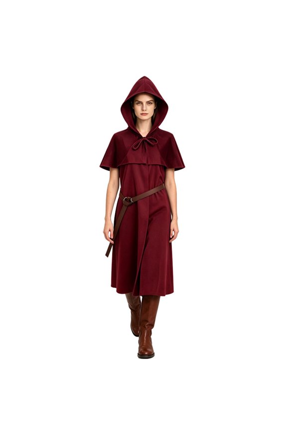 Renaissance Medieval Cosplay Robe, Hooded Medieval Ranger Robe Tunic With Shoulder Capelet, Belted Long Wizard Surcoat for Halloween Renaissance Larp Cosplay,Soft Woven Fantasy Costume Robe, Wine S