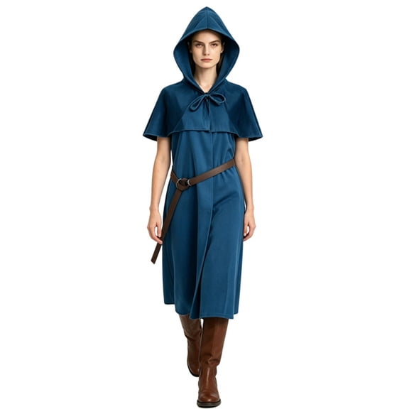 Renaissance Medieval Cosplay Robe, Hooded Medieval Ranger Robe Tunic With Shoulder Capelet, Belted Long Wizard Surcoat for Renaissance Larp Cosplay,Soft Woven Fantasy Costume Robe, Dark Blue S