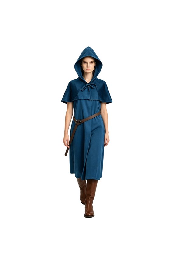 Renaissance Medieval Cosplay Robe, Hooded Medieval Ranger Robe Tunic With Shoulder Capelet, Belted Long Wizard Surcoat for Renaissance Larp Cosplay,Soft Woven Fantasy Costume Robe, Dark Blue S