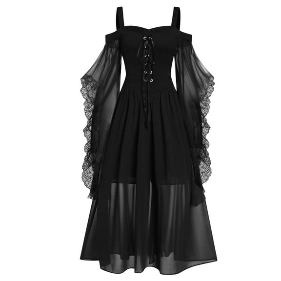 Renaissance Medieval Dress for Women Off Shoulder Long Sleeve Lace Up Gown Vintage Cosplay Princess Costume