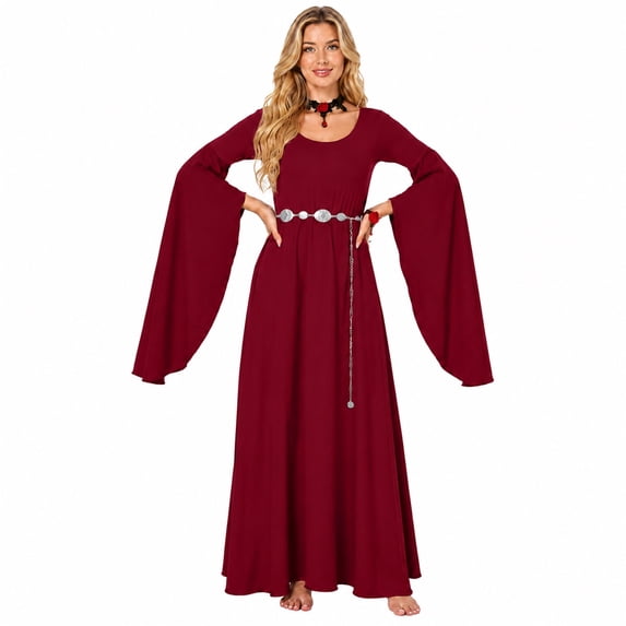 Renaissance Medieval Long Dress, Flared Bell‑Sleeve Floor‑Length Gown for Halloween, Themed Party, Stage Show and Historical Reenactment Role‑Play Costume Outfit (Red S)