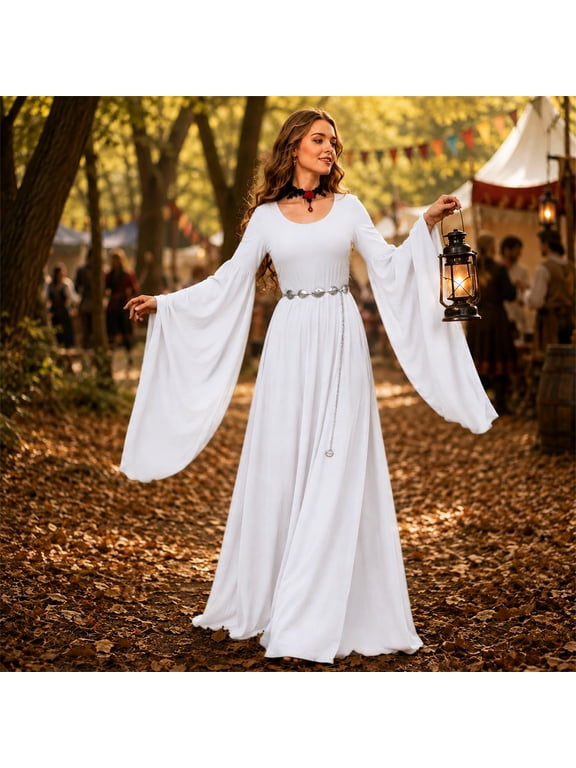 Renaissance Medieval Long Dress, Flared Bell‑Sleeve Floor‑Length Gown for Halloween, Themed Party, Stage Show and Historical Reenactment Role‑Play Costume Outfit (White S)