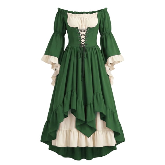 Renaissance Medieval Women Costume Dress Off Shoulder Corset Bell Sleeve Victorian Dresses Halloween Dress Green S