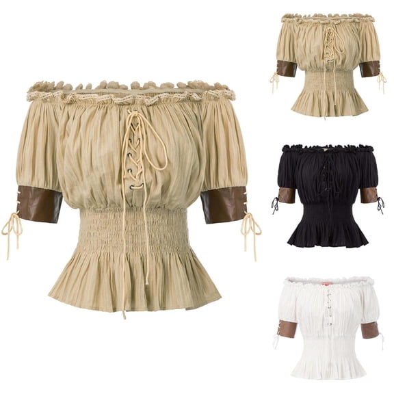 Renaissance Off Shoulder Blouse for Women Smocked Waist Pirate Shirt Short Sleeve Peplum Tops Womens T Shirts