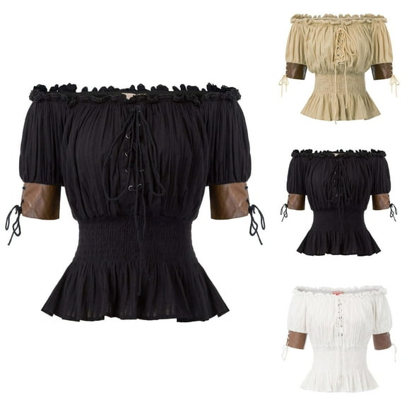 Renaissance Off Shoulder Blouse for Women Smocked Waist Pirate Shirt Short Sleeve Peplum Tops Womens T Shirts