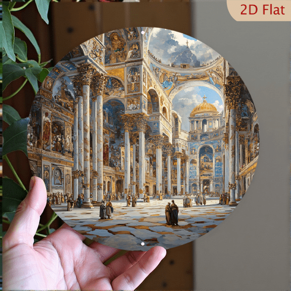 Renaissance Palace Interior Round Aluminum Wall Art, 8x8 Inch Ornate Cathedral Architecture Metal Decor, Classical European Architectural Print for Home Office Decoration