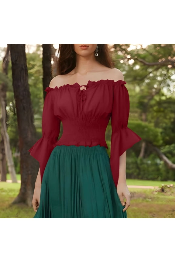 Renaissance Peasant Blouse Off Shoulder Trumpet Sleeve Shirt Top, Loose Fit Boho Vintage Tunic, Flowy Casual Top for Women | CSEONE,Red L