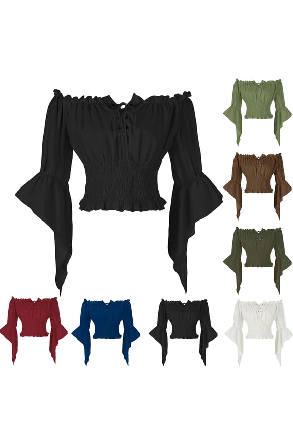 Renaissance Peasant Blouses for Women Off Shoulder Bell Sleeve Retro Pirate Shirt Trendy Dressy Casual Shirt for Ren Faire Cottagecore Black S