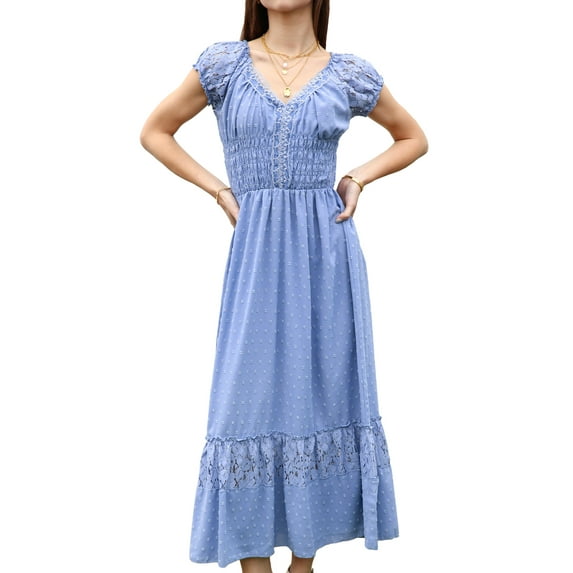 Renaissance Peasant Maiden Boho Inspired Cap Sleeve Lace Trim Dress, Sky Blue, Small
