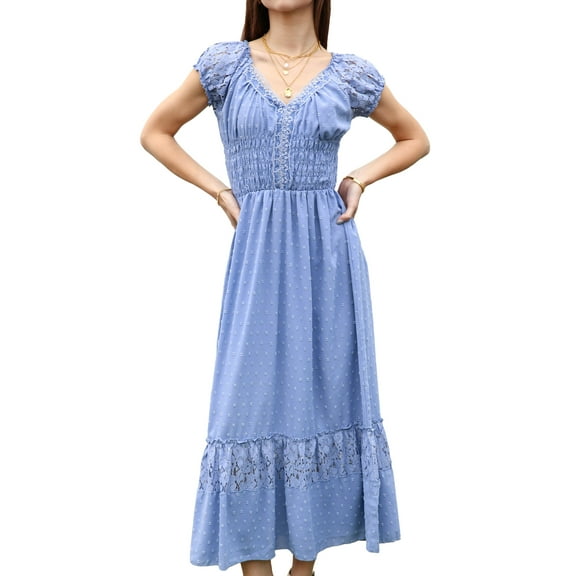 Renaissance Peasant Maiden Boho Inspired Cap Sleeve Lace Trim Dress, Sky Blue, Small