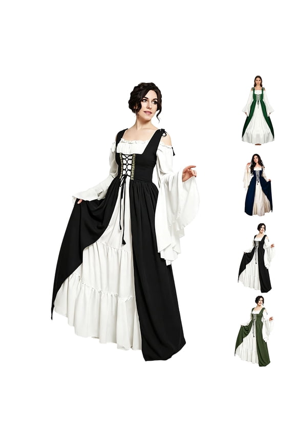 Renaissance Peasant Maxi Dress, Off Shoulder Spaghetti Strap Renaissance Peasant Maxi Dress, Flare Sleeve Two Tone Medieval Maiden Cosplay Gown for Halloween Fair Party, Black L