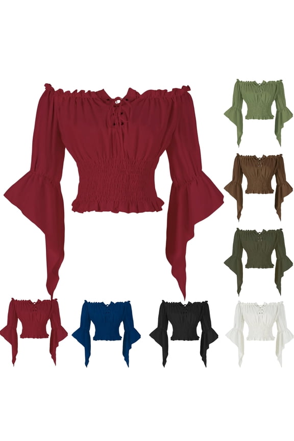 Renaissance Peasant Off Shoulder Tops for Women Bell Sleeve Vintage Pirate Shirt Trendy Casual Shirt for Ren Faire Cottagecore Wine L