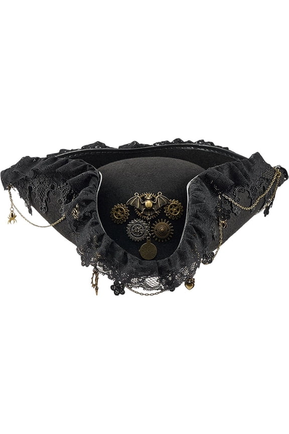 Renaissance Pirate Hat with Lace Brim Steampunk Style Cap Halloween Accessories for Pirates Theme Party