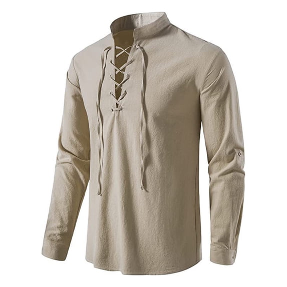 Renaissance Pirate Top, Renaissance Costume Men, Mens Pirate Costume, Medieval Costume Men, Medieval Lace Up Shirt Renaissance Pirate Top Stand Collar Long Sleeve Cotton for Renaissance Fair, Gray XL