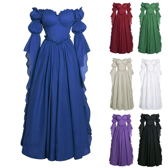 Renaissance Princess Maxi Gown, Off Shoulder Puff Sleeve Renaissance Ball Gown, Ruffled Chiffon Vintage Medieval Princess Cosplay Maxi Dress for Halloween Wedding Party, Blue L