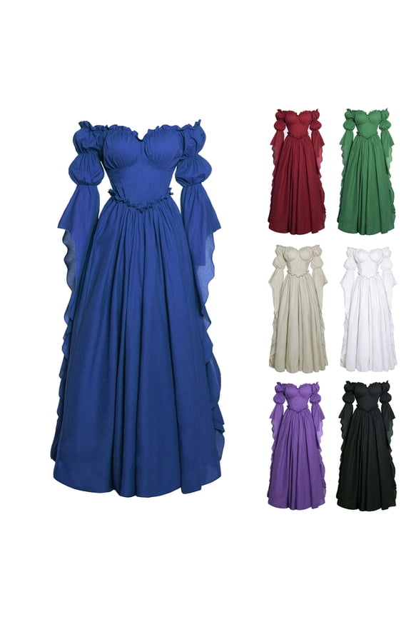 Renaissance Princess Maxi Gown, Off Shoulder Puff Sleeve Renaissance Ball Gown, Ruffled Chiffon Vintage Medieval Princess Cosplay Maxi Dress for Halloween Wedding Party, Blue L