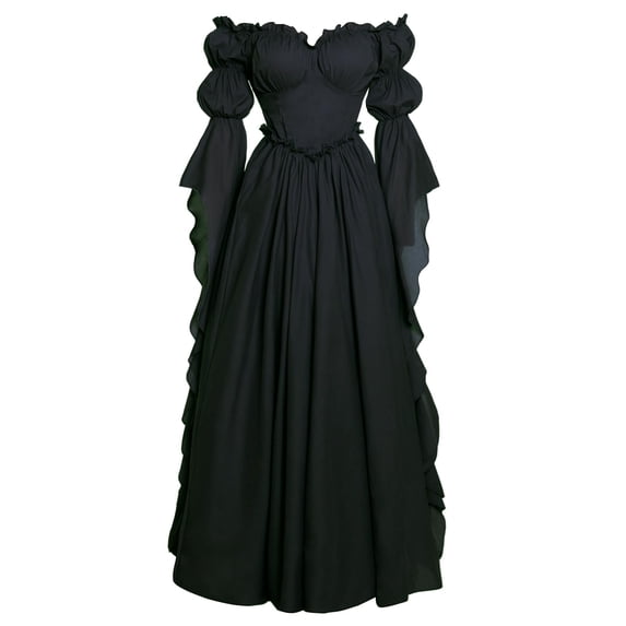 Renaissance Princess Maxi Gown, Off Shoulder Puff Sleeve Renaissance Ball Gown, Ruffled Chiffon Vintage Medieval Princess Cosplay Maxi Dress for Halloween Wedding Party, Black L