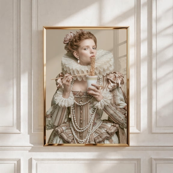 Renaissance Queen Eating Instant Noodles Baroque Humour Poster , Poster Print Only