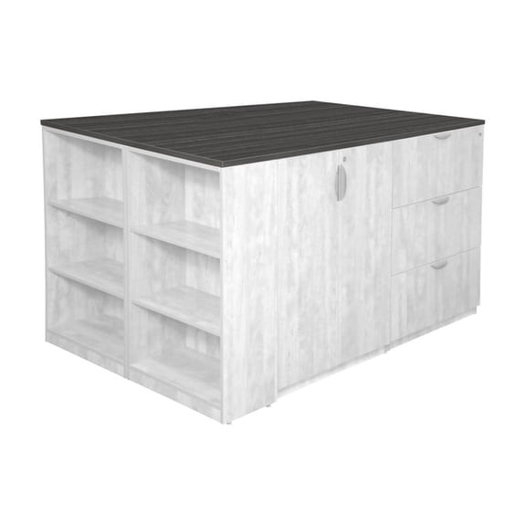 Renaissance Refinement Stand Up Quad with Bookcase End Top 85 x 46 x 1" Ash Grey Modern Stand Up Quad Desk with Bookcase End Top Featuring Scratch Resistant Ash Grey Laminate