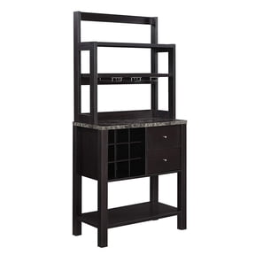 Renaissance Revival Serving Bar, Espresso/Faux Marble Finish, 2 Drawers, Bottom Shelf, Holds 9 Wine Bottles, 3 Hanging Stemware Racks, Stylish Home Bar