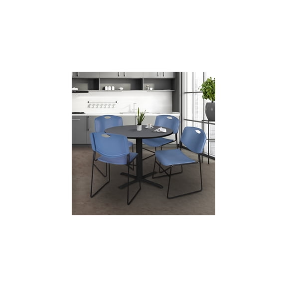 Renaissance Rhapsody Round Breakroom Table with Grey Laminate Top Chrome Base and 4 Blue Stack Chairs for Cafeterias or Office Lounges