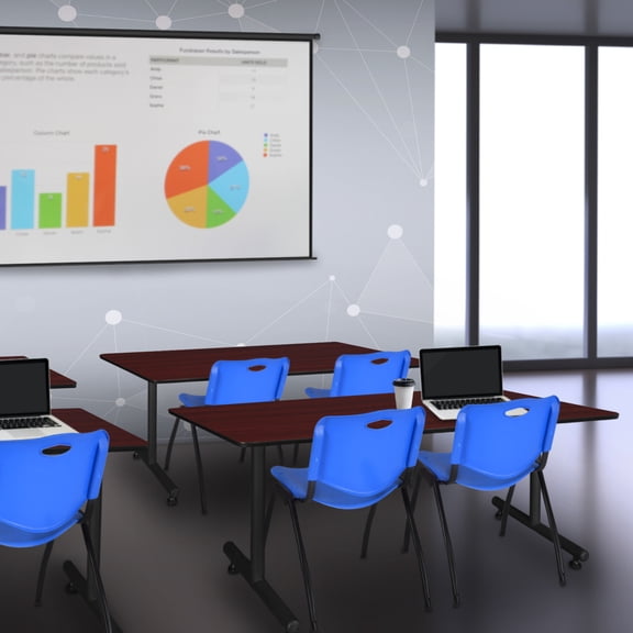 Renaissance Romance 30" Training Table in Mahogany with 2 Blue "M" Stack Chairs offering timeless romantic design and stackable seating comfort