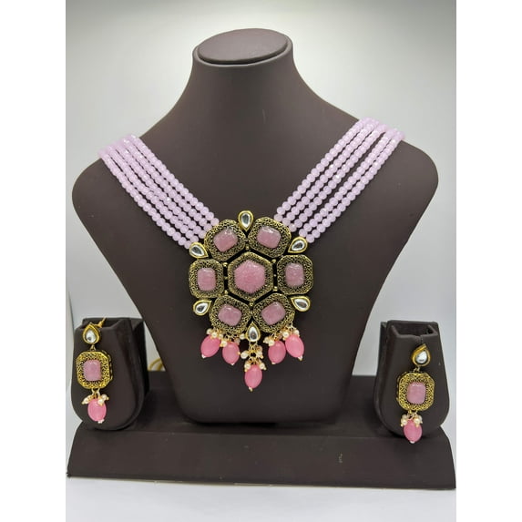 Renaissance Rose: Pink Gemstone Necklace and Earrings Set