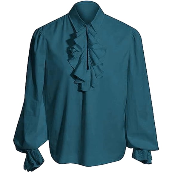 Renaissance Shirt, Gothic Victorian Ruffle, Shirt Medieval Pirate, Poet Blouse Long, Gothic Victorian Ruffle Shirt Medieval Pirate Poet Blouse Long Sleeve Historical Top for Costume Party, Blue XL