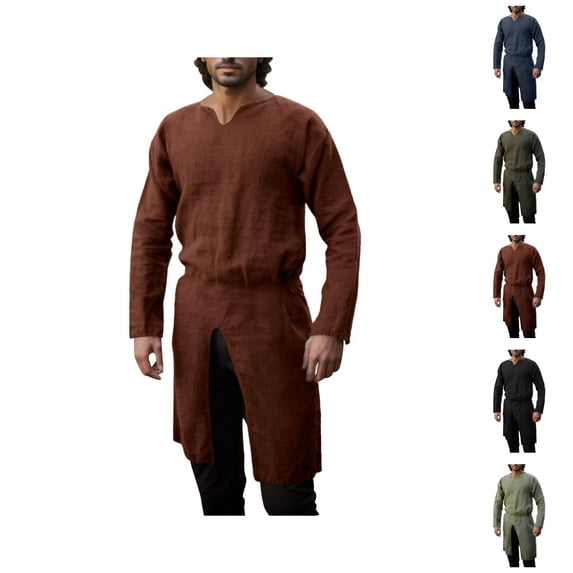 Renaissance Shirt Men Long Sleeve V Neck Cotton Linen Pirate Viking Retro Tunic Shirts Gothic Victorian Shirt