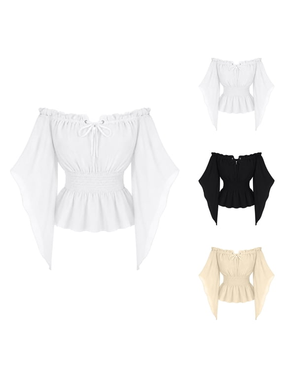 Renaissance Shirt Women 3/4 Sleeve Chiffon Off Shoulder Smocked Waist Cropped Ruffle Tops Peasant Blouse Pirate Shirts