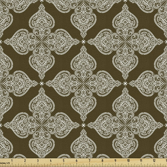 Ambesonne Renaissance Fabric by the Yard Upholstery, Damask Classic Floral, 1 Yard, Green Brown White