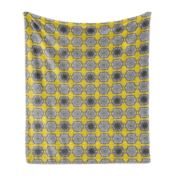 Renaissance Soft Flannel Fleece Blanket, Retro Damask Motif Mosaic Tiles with Antique Ornamental Baroque Effects, Cozy Plush for Indoor and Outdoor Use, 50" x 70", Yellow Black White, by Ambesonne