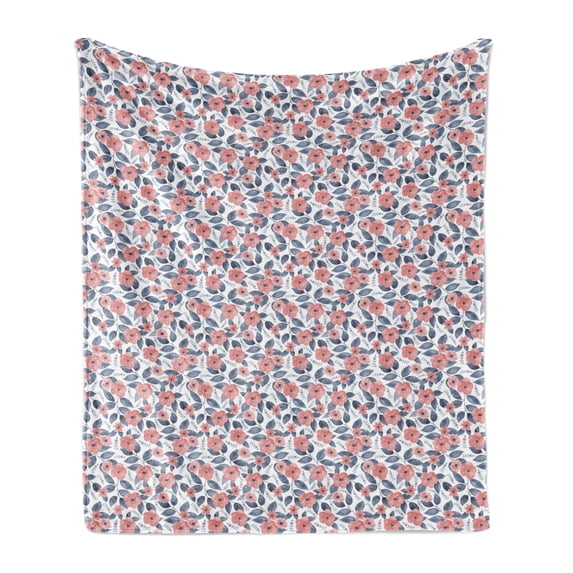 Renaissance Soft Flannel Fleece Blanket, Watercolor Soft Toned Summer Blooms Revival Seasonal Flourish Shabby Art, Cozy Plush for Indoor and Outdoor Use, 70" x 90", Coral Night Blue, by Ambesonne