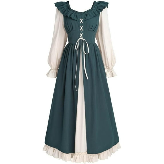 Renaissance Style Dress Women Medieval Fairy Dress Long Sleeve Irish Style (Dark Green,S)