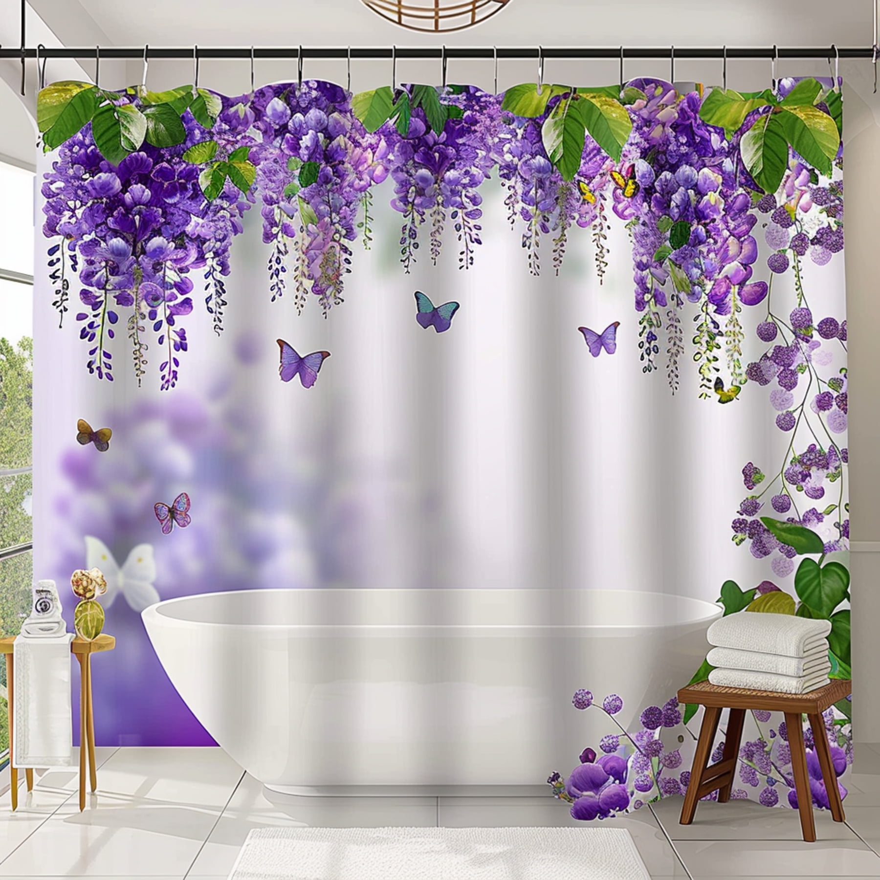 Renaissance Style Shower Curtain with Wisteria and Butterfly Design