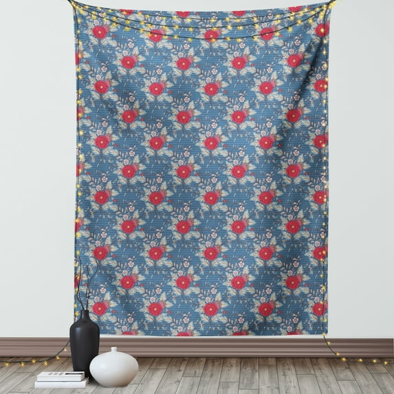 Renaissance Tapestry, Rococo Victorian Boho Blooms Retro Style Floral Growth Antique Pattern, Wall Hanging for Bedroom Living Room Dorm Decor, 60W X 80L Inches, Dark Blue Vermilion, by Ambesonne