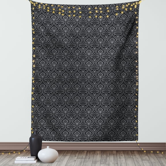 Renaissance Tapestry, Victorian Damask with Boho Ethnic and Middle Eastern Traditional Leaf Influence, Wall Hanging for Bedroom Living Room Dorm Decor, 60W X 80L Inches, Grey Black, by Ambesonne