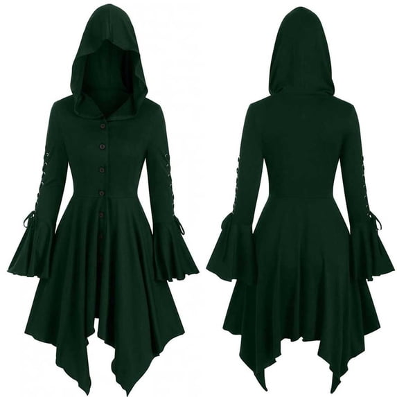 Renaissance Witch Costume, Halloween Cosplay Gown, Medieval Button Dress, Witch Hooded Dress, Gothic Cape Dress Retro Hooded Ruffle Sleeves Irregular Skirt Women'S Cape Coat, Green XXL