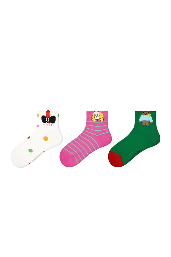 Renaissance Women 3-Pair Ankle Socks Set Assorted Patterns Featuring Colorblock, Cartoon Characters, and Butterfly Prints - 3 pcs-C