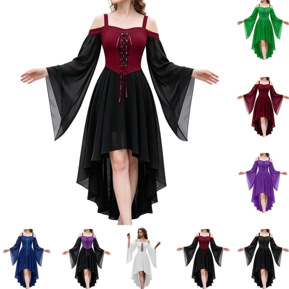 Renaissance Womens Dresses Victorian Gothic Off Shoulder Lace Up Corset Dress Vampire Christmas Party Butterfly Sleeve Halloween Costumes Outfit Deep Red S