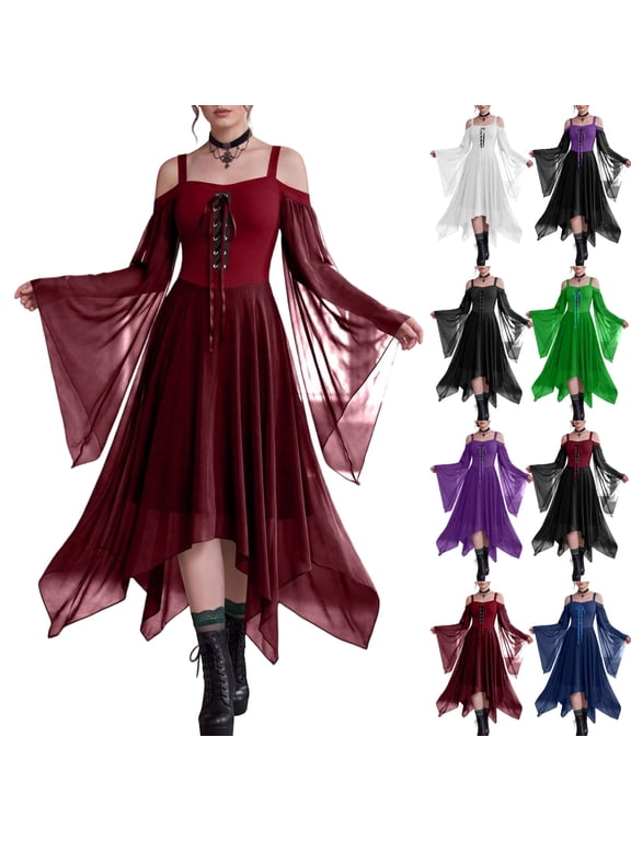 Renaissance Womens Dresses Victorian Gothic Off Shoulder Mesh Lace Witch Dress Retro Christmas Party Butterfly Sleeve Halloween Costumes Steampunk Outfit Wine XL