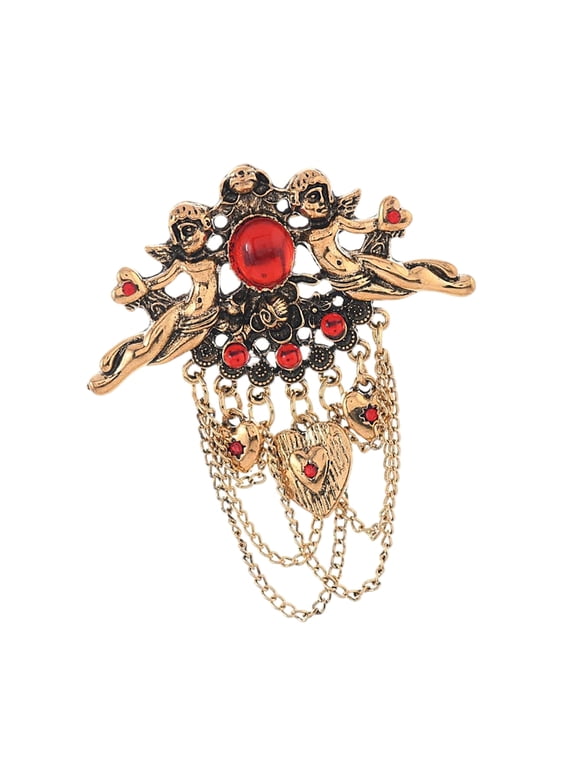 Renaissances Styles Ornate Brooch Featuring Red Heart Bead Accent And Delicate Tassels Designs