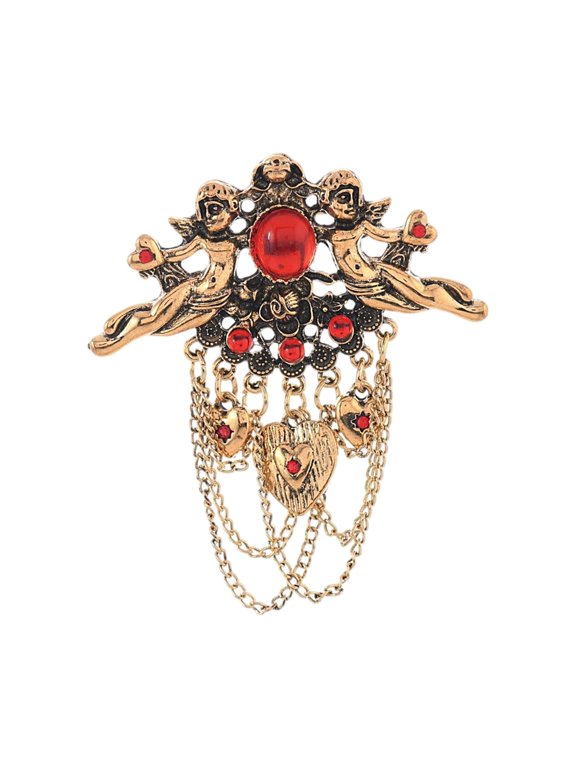 Renaissances Styles Ornate Brooch Featuring Red Heart Bead Accent And Delicate Tassels Designs