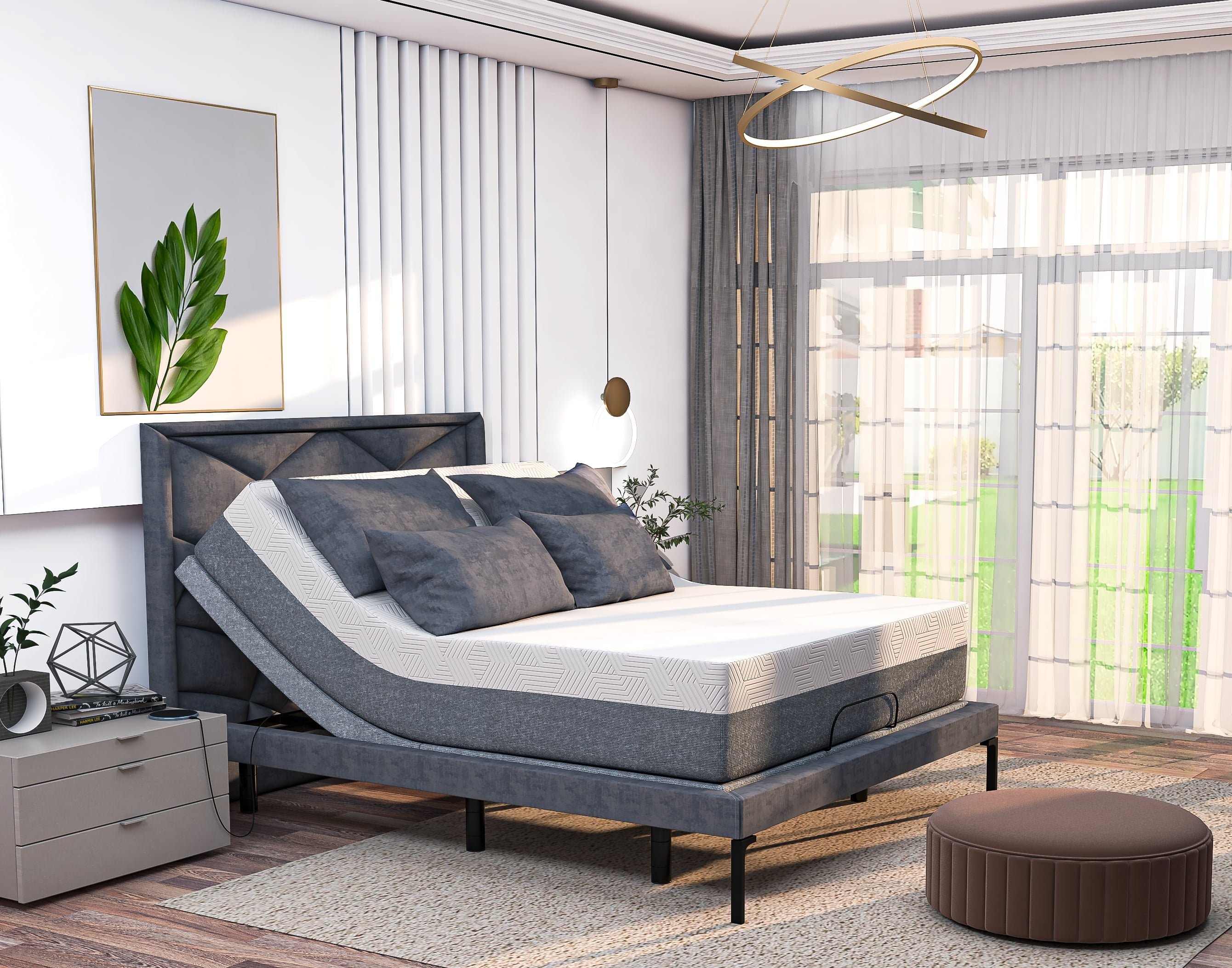 Renanim Full Adjustable Motorized Bed Frame with 12 Hybrid Mattress Included Electric Massage for Better Sleep Comfort Reclining Base Dual