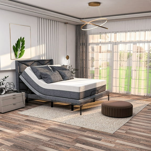 Renanim Premium Adjustable Bed Base + 14" Queen, Hybrid Foam Mattress, Dual Massage, USB Ports, App Control, Underbed Light & Wireless Remote
