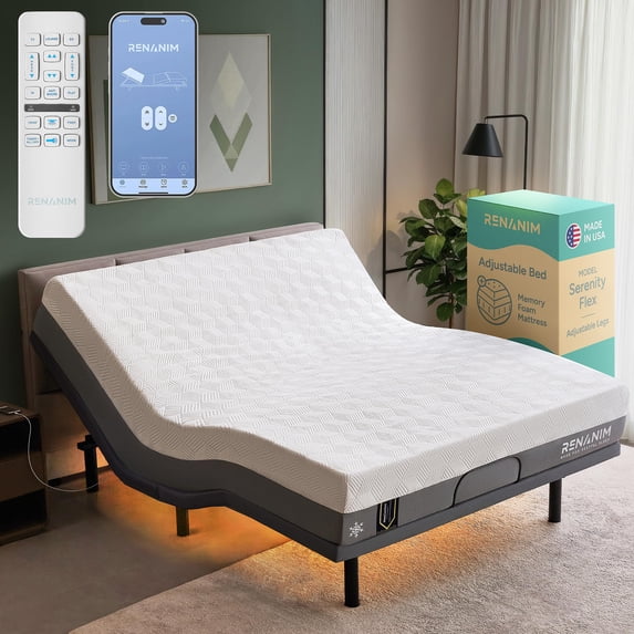 Renanim SF Adjustable Bed Frame with Mattress Included Massage - Cal King Adjustable Bed + Medium Mattress - Cooling Gel Memory Foam Mattres, USB, UnderBed Light