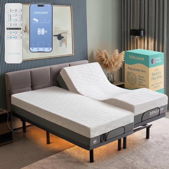 Renanim SFE Split King Adjustable Bed Frame with Mattress – 10" Gel Memory Foam - Zero Clearance, Electric Massage, Wireless Remote for Head & Foot Lift, Zero Gravity - Underbed Lights & 4 USB Ports